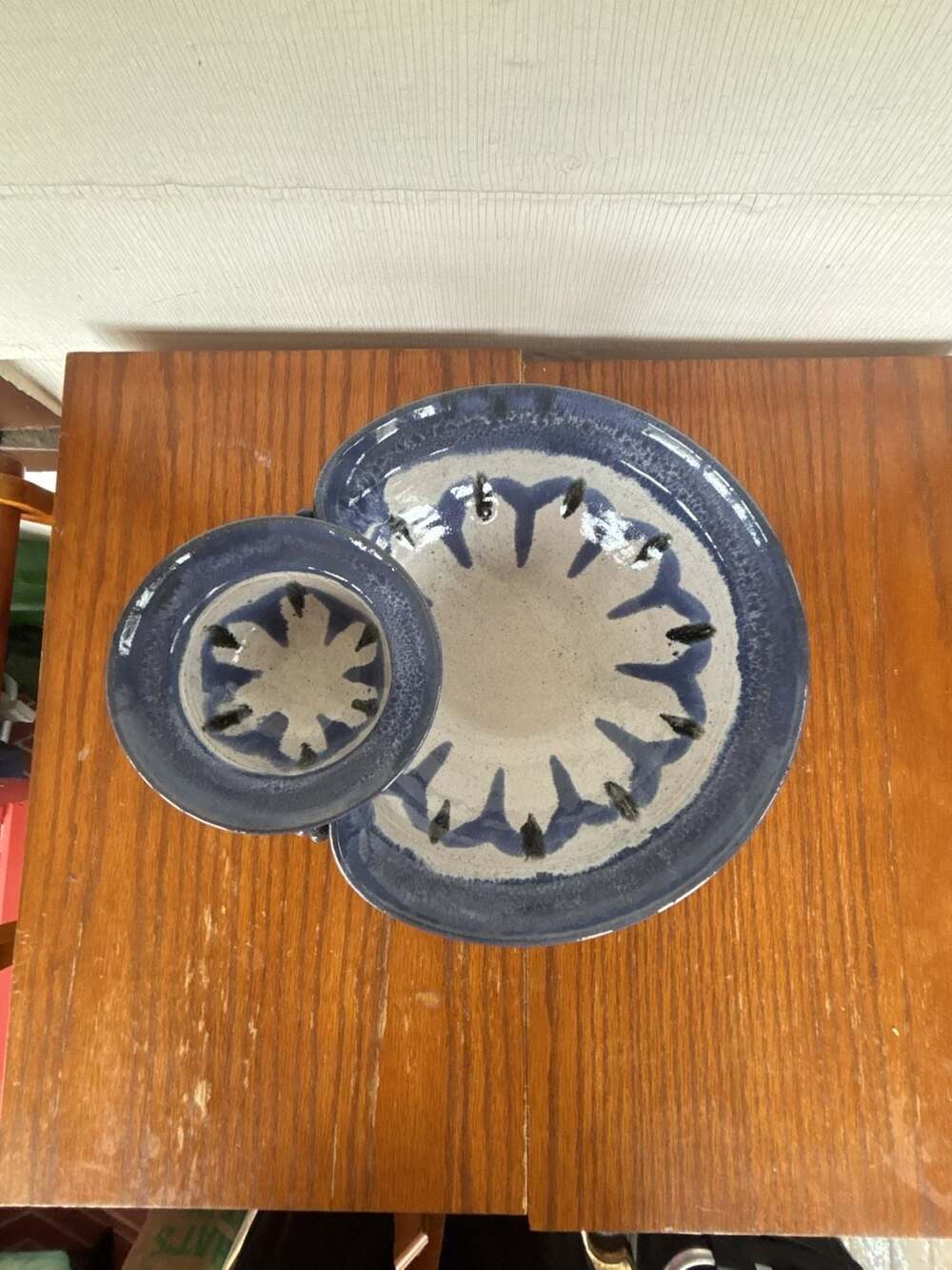 Handmade Studio Art Pottery Blue Drip Glaze Chip and Dip Bowl